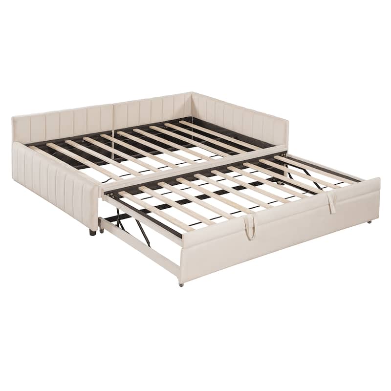 L-Shaped Upholstered Daybed with Pop-up Trundle, Extendable Platform Bed Frame with Wooden Slats Support, Full to King Design