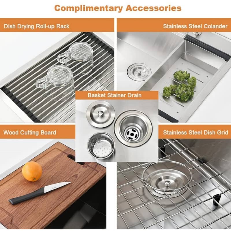 30'' Stainless Steel 2-Hole Single Bowl Drop-In Workstation Kitchen Sink with Bottom Grid&Basket Strainer