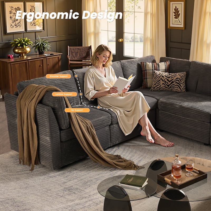 HOOOWOOO Modular U-shaped Corduroy Fabric Sectional Sofa Couch with Ottoman