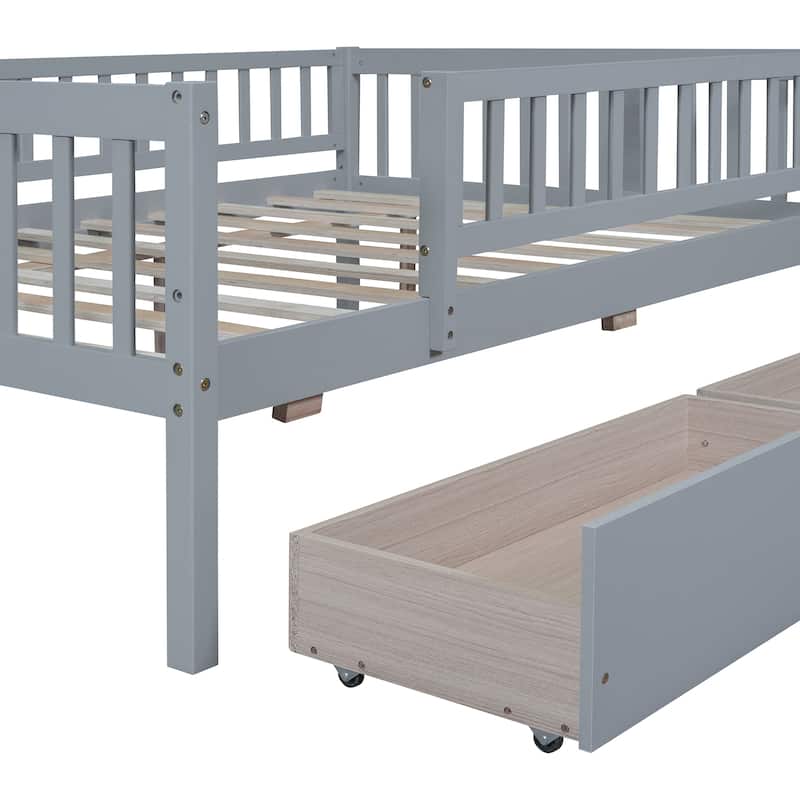 Gray Full Size Style Pine Wood Daybed with Two Storage Drawers