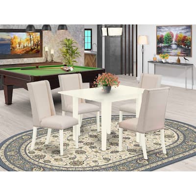 HomeStock 5-Piece Linen White Finish Solid Wood Top Dining Table with 4-Parson Chair with Drop Leaf
