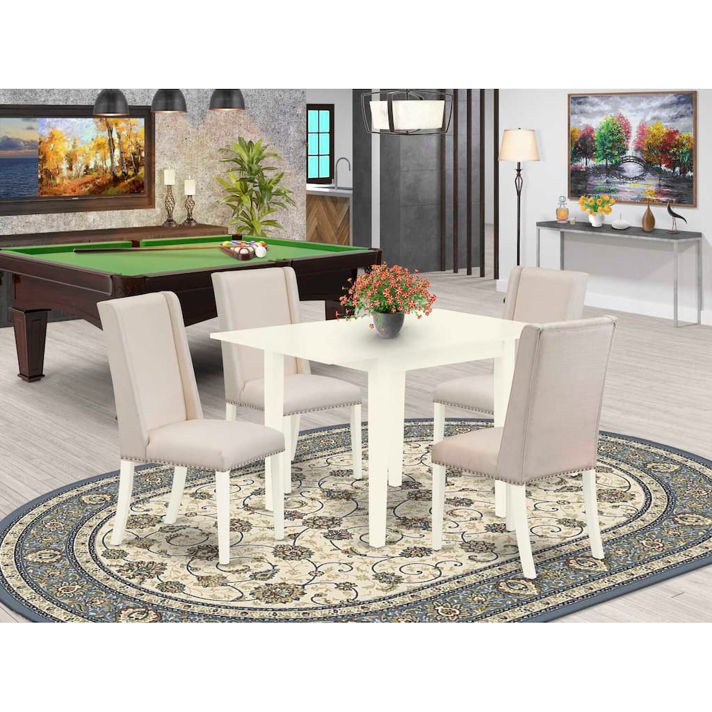 HomeStock 5-Piece Linen White Finish Solid Wood Top Dining Table with 4-Parson Chair with Drop Leaf