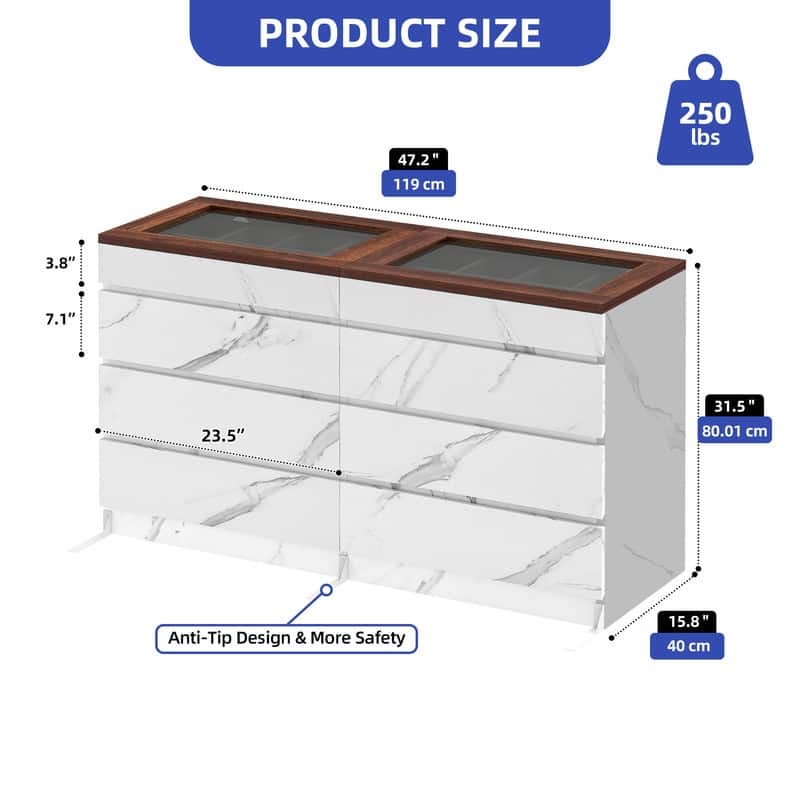 Moasis 8 Drawer Dresser with RGB Light,High Gloss Horizontal Storage Dresser