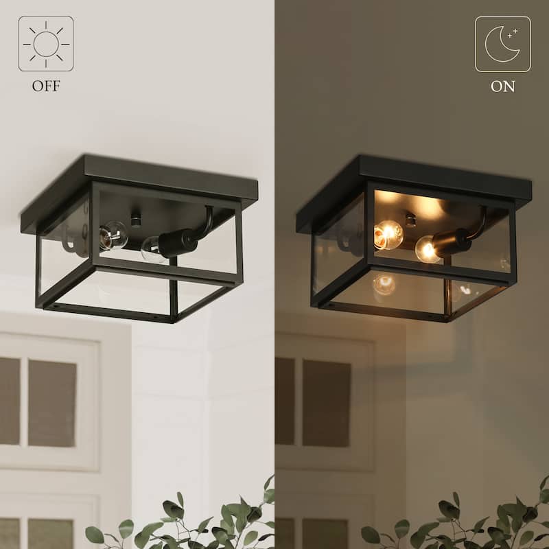 Modern Farmhouse 2-Light Black Flush Mount Glass Patio Outdoor Ceiling Lights - L 11" x W 11" x H 5.1"