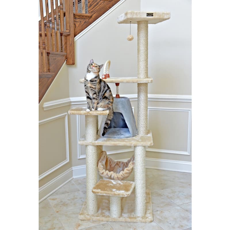 65" Real Wood Cat Tree With Sisal Rope, Hammock, soft-side playhouse - Beige-silver