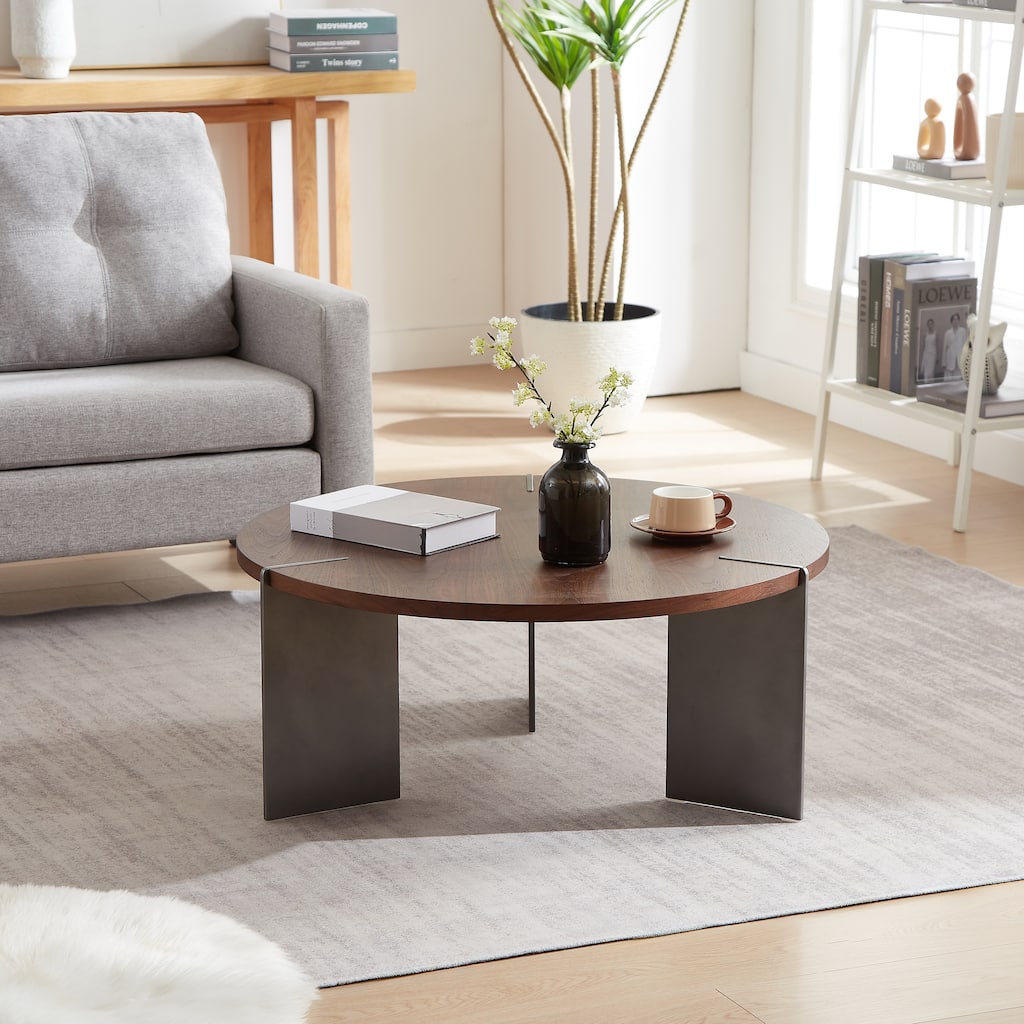 Low Coffee Table Round Accent Table with Walnut Woodtop and Metel Legs