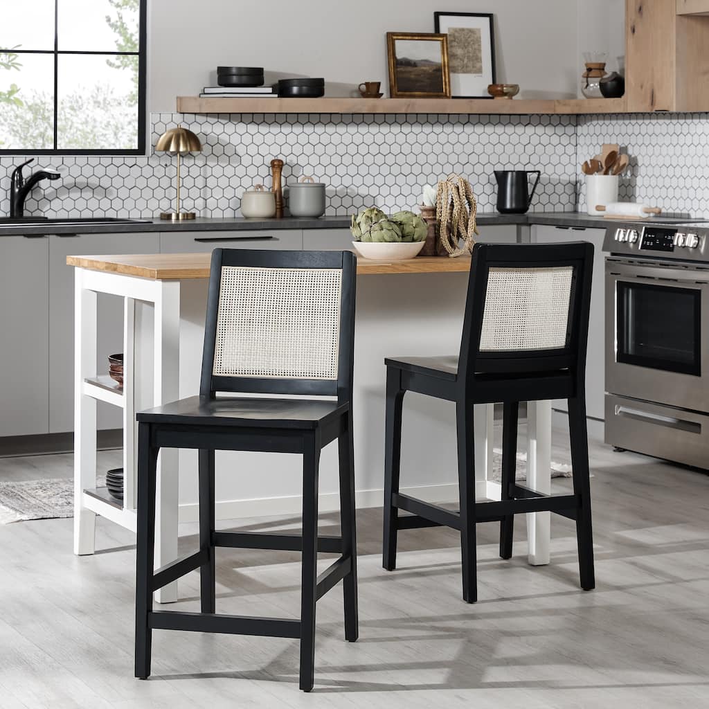 Walker Edison Transitional Counter Stool with Rattan Inset (Set of 2)