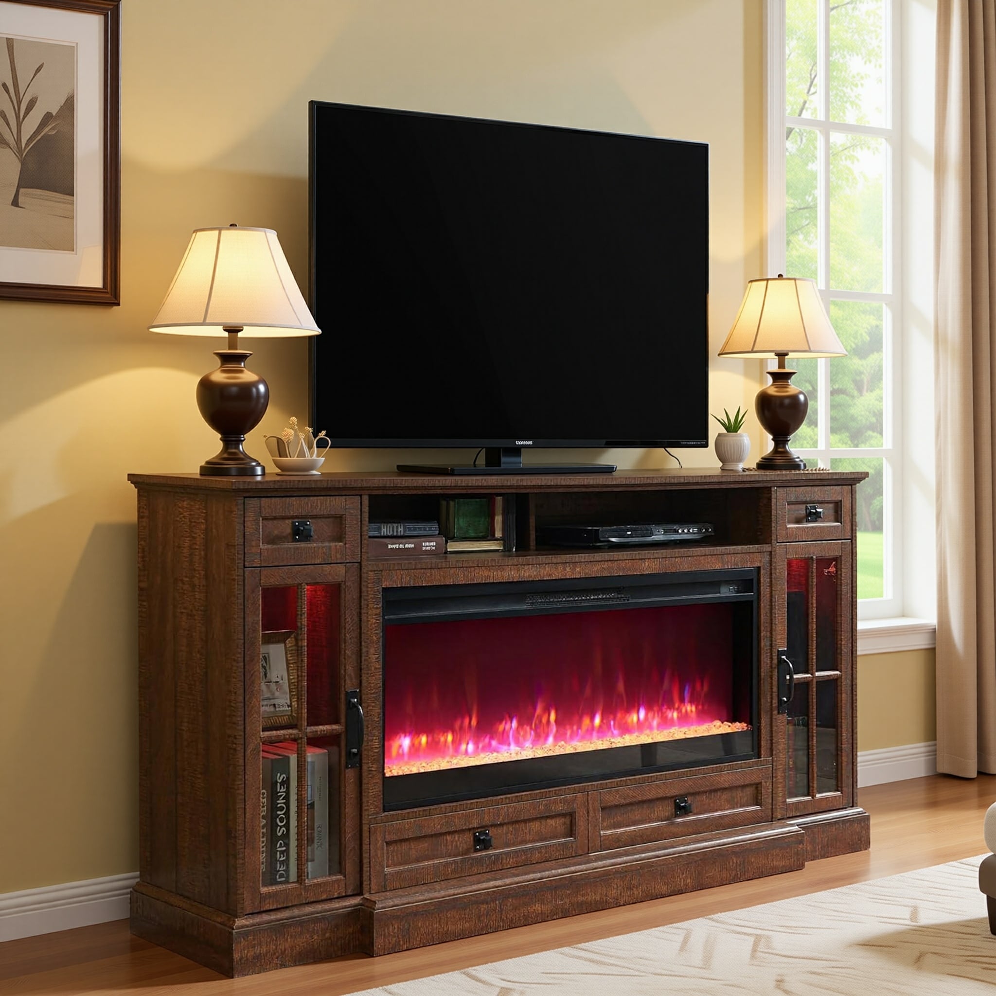 Fireplace TV Stand for 80" TV, Farmhouse Entertainment Center with LED