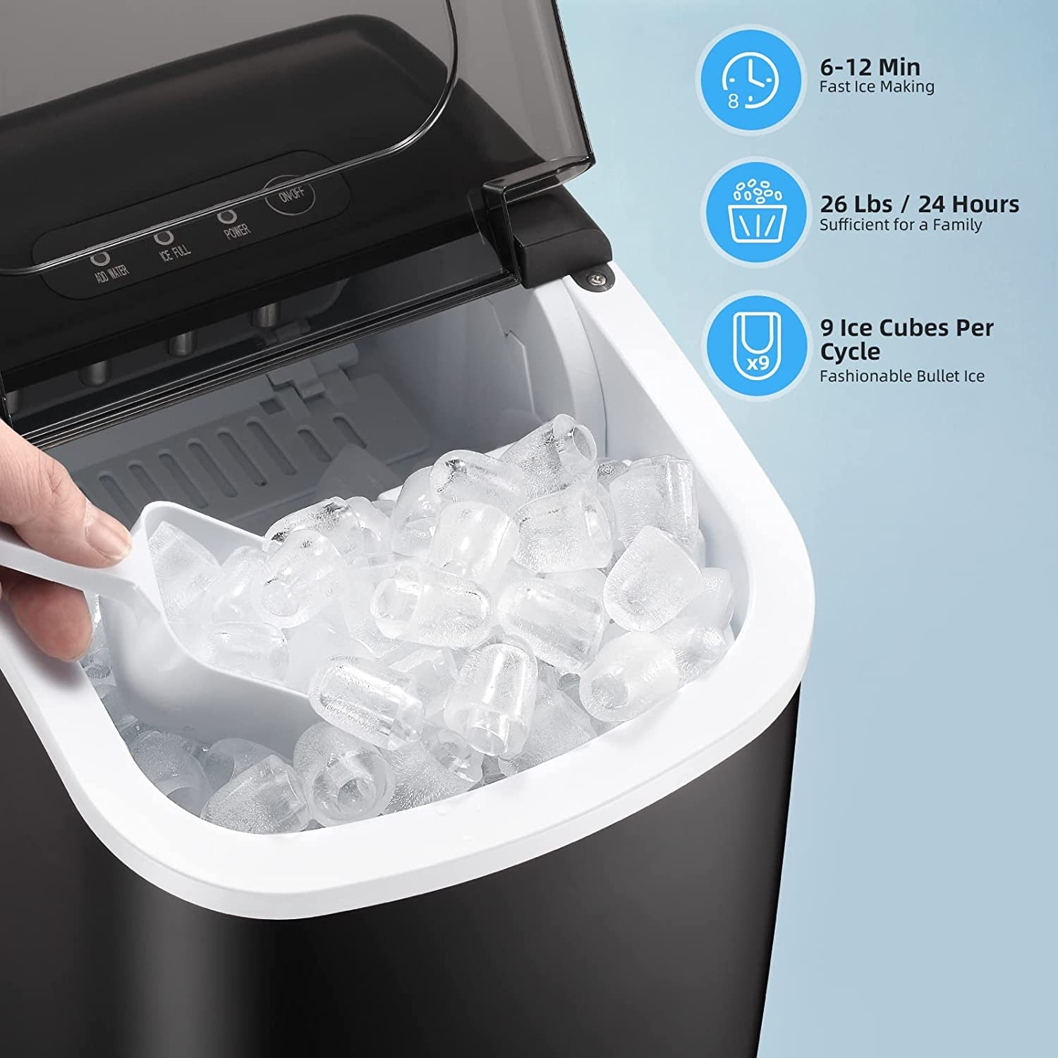 AGLUCKY Countertop Ice Maker - Portable, 26Lbs/24H, 9 Ice Cubes in 8 Mins