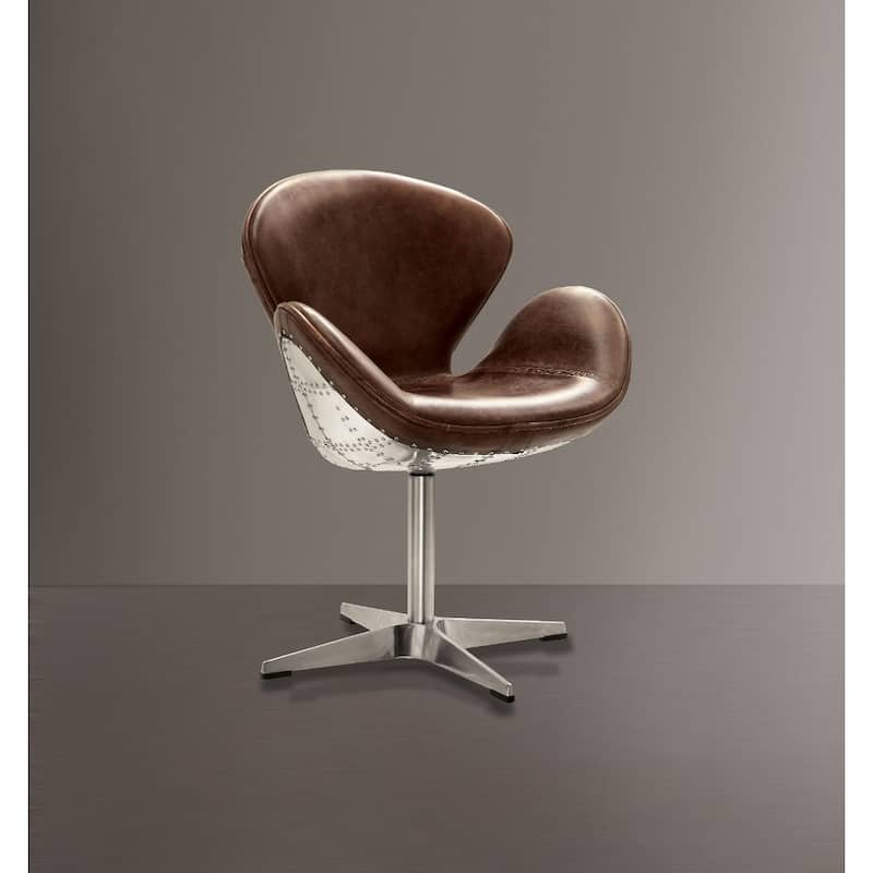 Top Grain Leather Accent Chair with Swivel, Brown & Silver