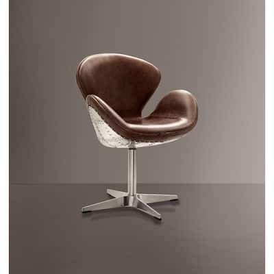 Top Grain Leather Accent Chair with Swivel, Brown & Silver