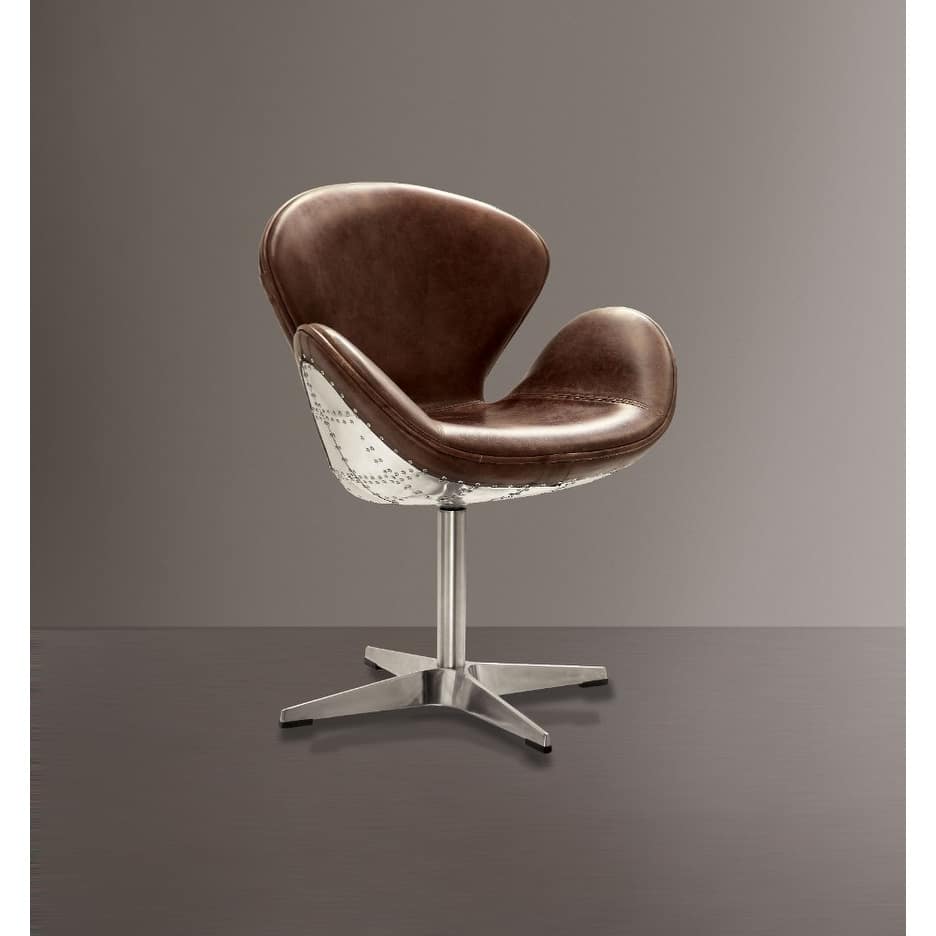 Top Grain Leather Accent Chair with Swivel, Brown & Silver