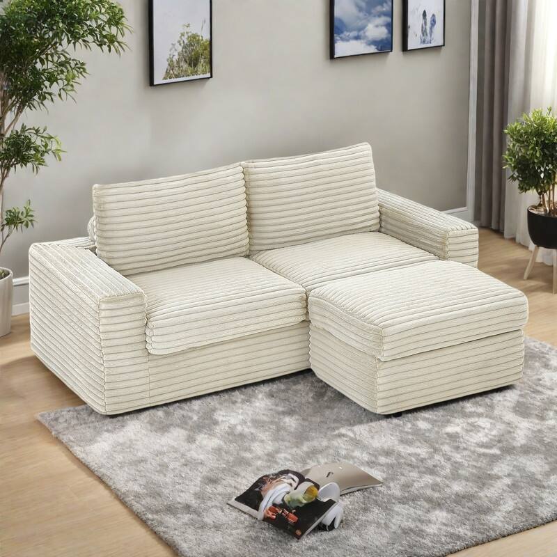 91.7" Corduroy L-Shaped Sectional Sofa with Movable Ottoman, Zippered Backrest and Spring Cushions