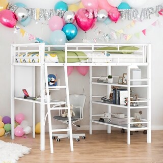 Modern Full Size Loft Bed with 3 Layers of Shelves and Desk with Whiteboard and Metal Frame for Bedroom