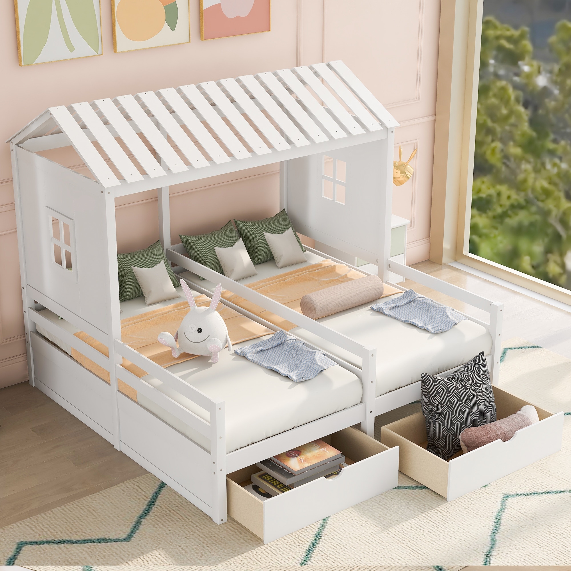 Kids Twin Size House Platform Beds with 2 Drawers for Boy Girl Shared Beds Combination of 2 Side by Side Twin Size Beds Bed Bath Beyond 39284028