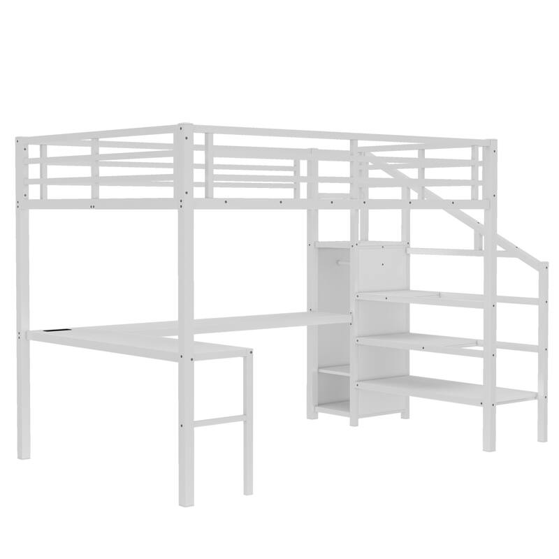 Roomfitters Queen Size Metal Loft Bed with L-Shaped Desk, USB Ports, LED Lighting & Adjustable Shelves, White