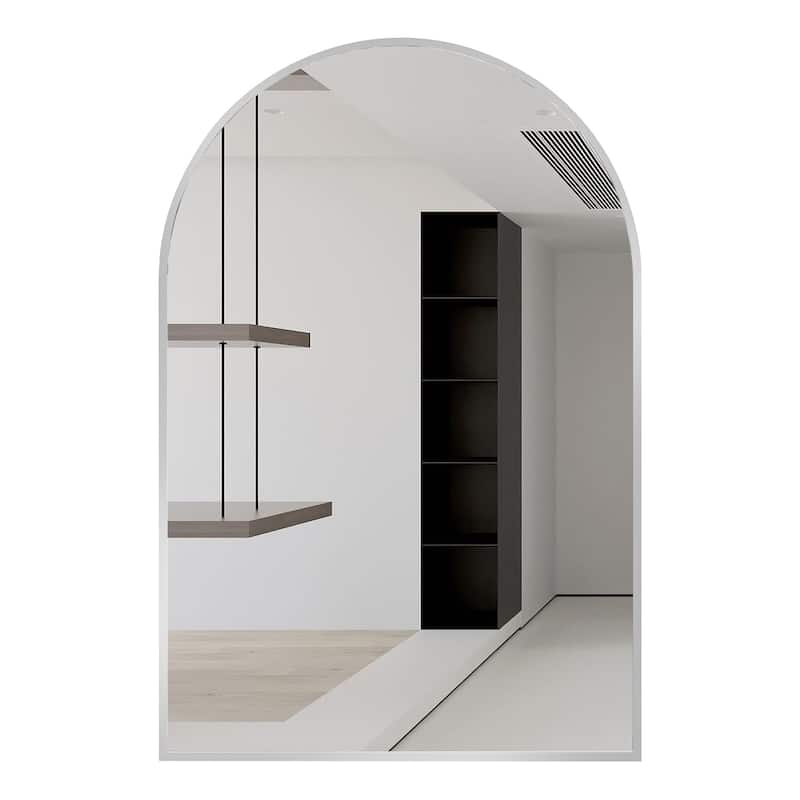 24x32 Inch Silver Metal Framed Arched Bathrrom Mirror for Wall