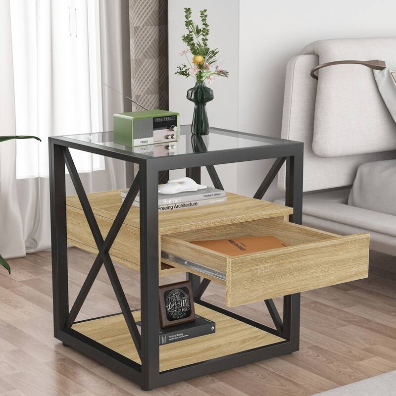 1 piece Modern End Table with Drawer - Nightstand,Rustic Wood Grain MDF& Tempered Glass Top,Industrial Style Side Table