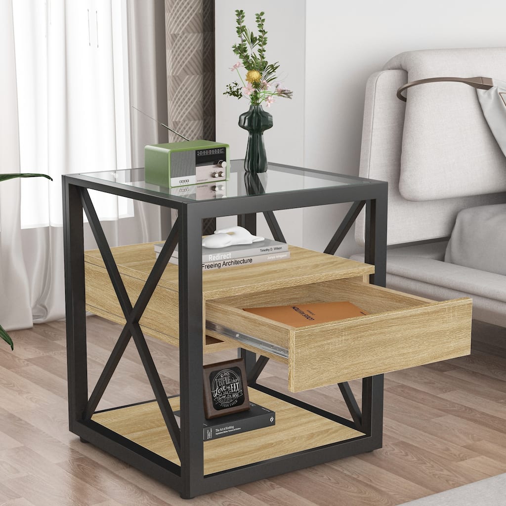 1 piece Modern End Table with Drawer Industrial Style Side Table