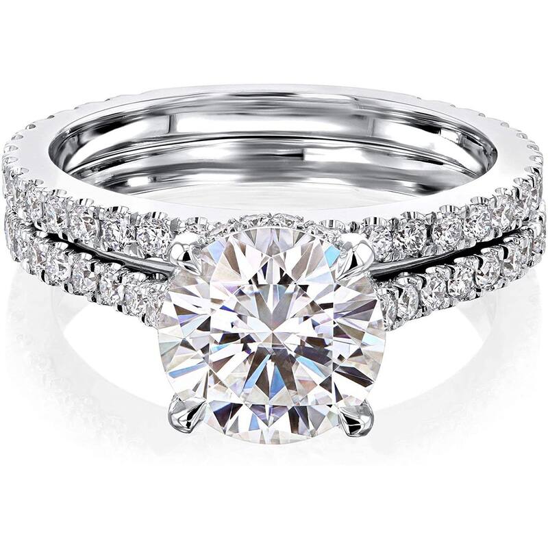 Annello by Kobelli 14K Gold 2ct Round Forever One Moissanite Fancy Hidden Halo Set (DEF/VS, DEF/VS)