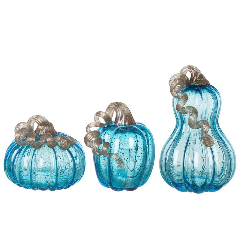 Glitzhome Fall Hand Blown Blue Glass Pumpkin Thanksgiving Table Decor