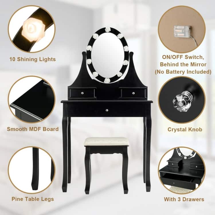3 Drawers Lighted Mirror Vanity Dressing Table Stool Set - 30" x 16" x 55" (L x W x H)