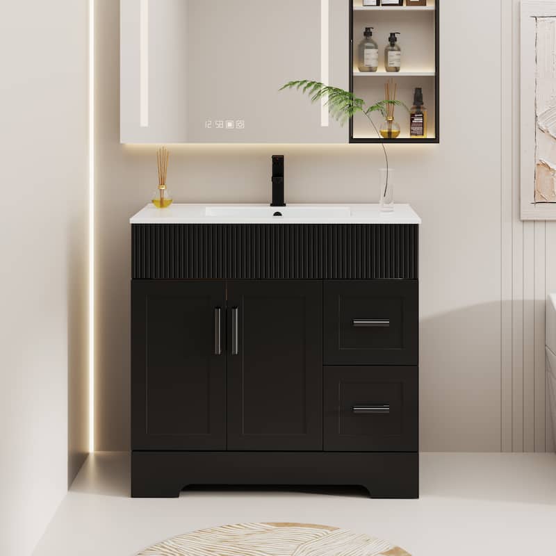 Modern 24/30/36/48" Wave-Line Bathroom Vanity Set with Sink & Faucet - 36"-Black - 36"