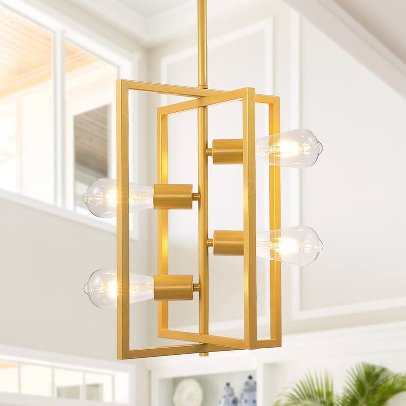 Industrial Lantern Chandelier, 4-Light Modern Geometric Semi Flush Mount Ceiling Light Fixture - Gold and 4 light