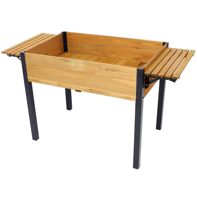 Raised Garden Bed, Metal Leg Wood Planter Boxes with Folding Storage Shelf,Elevated Planter Box - Black+Brown