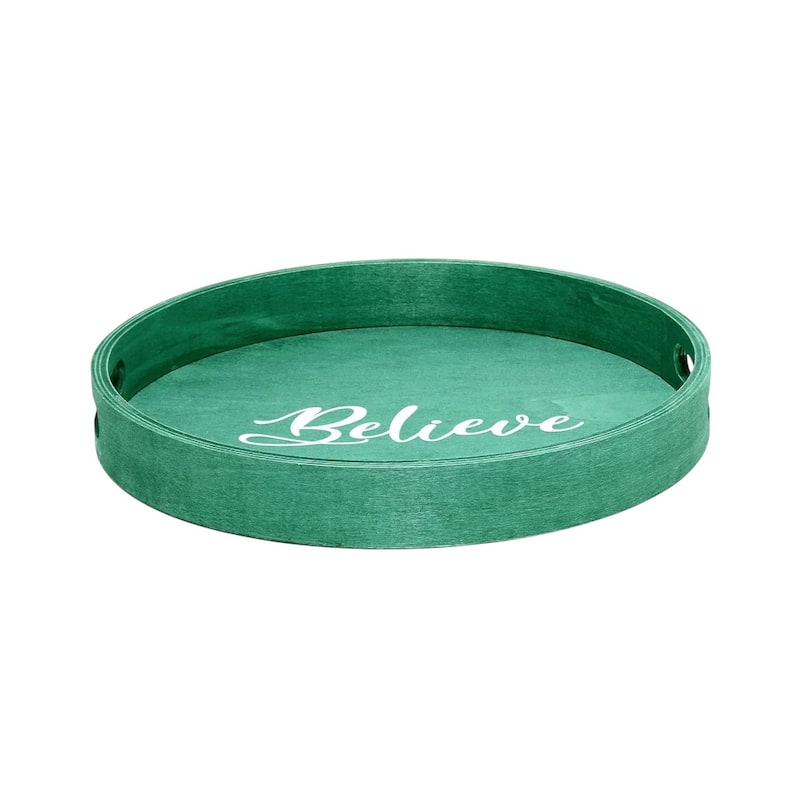 HomeRoots 14" Green And White Believe Round Serving Tray With Handles - 13.75 in. x 1.65 in. x 13.75 in.