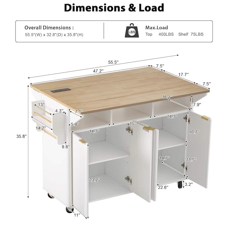Anmytek Mobile Kitchen Island Cart with Drop Leaf Faux Marble Countertop and Storage