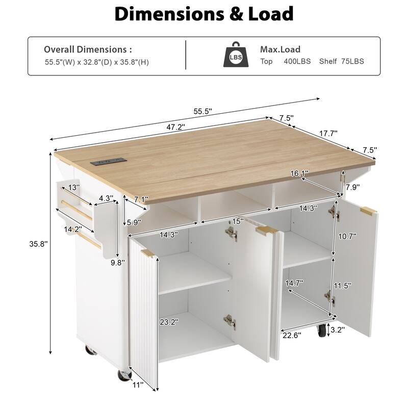 Kitchen Island Cart on Lockable Wheels, Rolling Kitchen Island with 2 Drop Leaf, Storage Cart with Power Outlet & Spice Rack