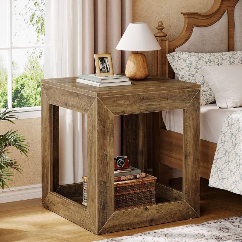 2-Tier Farmhouse End Table with Open Shelf, Wooden Accent Table for Living Room