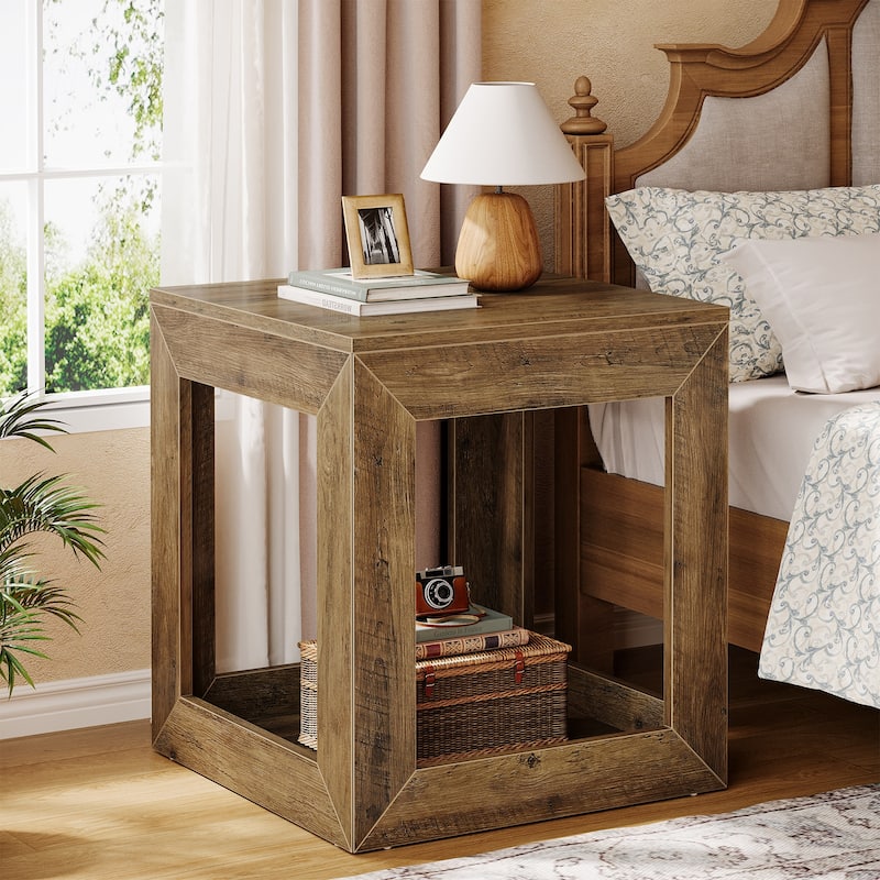 2-Tier Wooden Square End Table for Living Room, Bedroom, Farmhouse Style