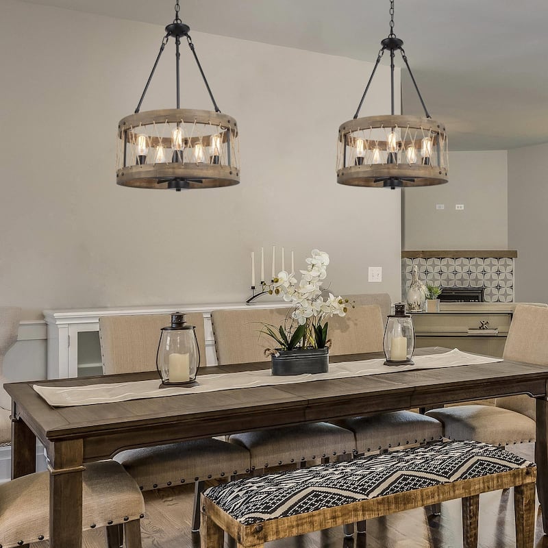 Farmhouse 5-Light Wood Drum Chandelier Island Lights for Dining Room - D18.1" x H27.6"