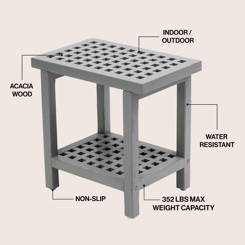Armin 18.1" Classic Grid Slat Solid Acacia Wood Indoor/Outdoor Shower Stool, By JONATHAN Y - 18.1L x 11.81W x 17.72H
