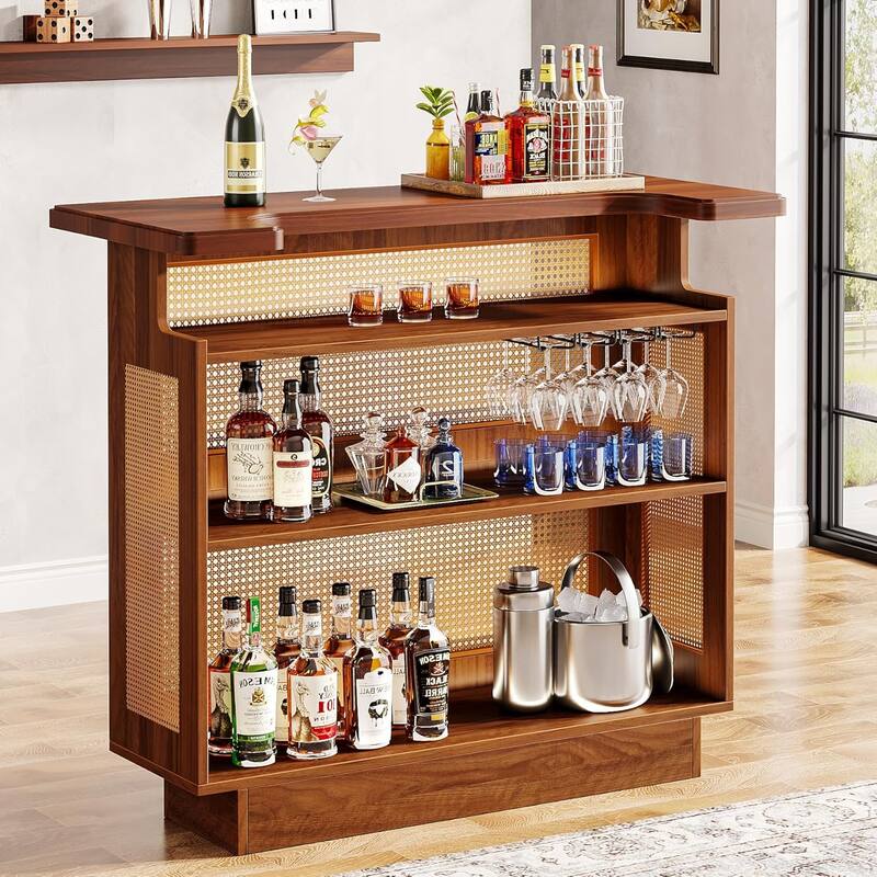 Farmhouse Bar Unit, 4-Tier Rattan Home Bar Table with Stemware Racks