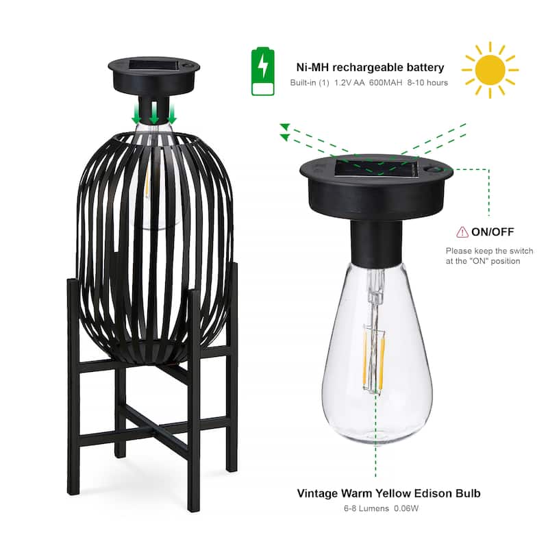 Glitzhome Set of 2 Outdoor Black Metal Striped Solar Lantern Floor Lamp