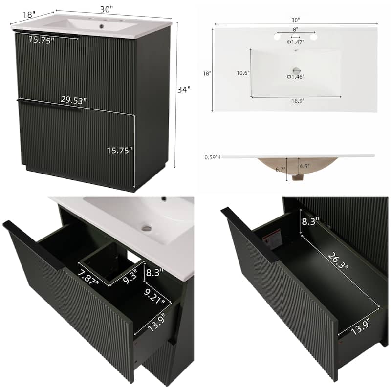 30" Bathroom Vanity with Ceramic Sink, Full-Extension Drawers, Soft-Close Undermount Slides, Fluted Design