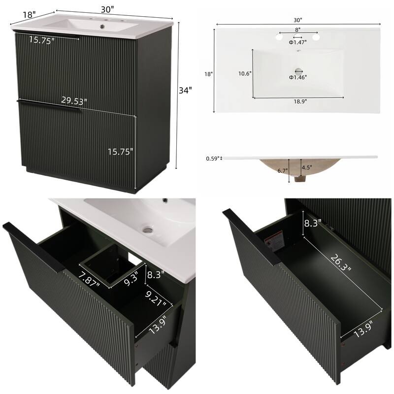 30" Bathroom Vanity with Ceramic Sink and Full-Extension Drawers, Soft Close Undermount Drawer Slides, Fluted Design, Natural