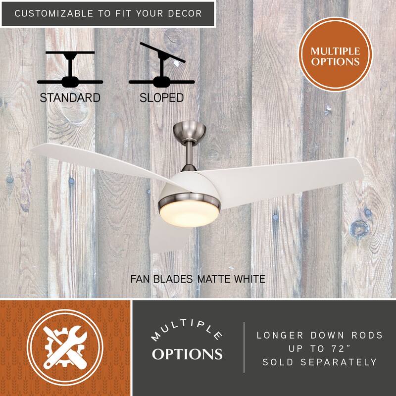 Odell White and Brushed Nickel Propeller Ceiling Fan with Integrated LED Light Kit and Remote