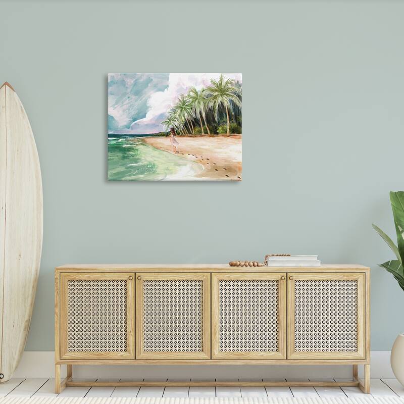 Stupell Woman Walking Sandy Footprints Tropical Beach Coast Canvas Wall Art - Blue