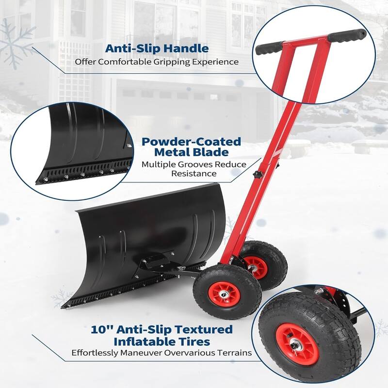 29x20 In Heavy Duty Rolling Snow Shovel With Wheels Double Armrests - 29x20 In