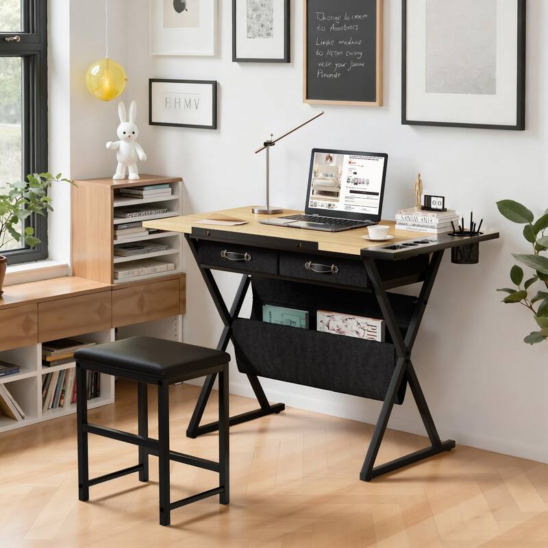 VECELO Drafting Table Set with Stool Set of 2 Tilting Art Desk with Pencil Ledge Storage Drawers with X-Frame for Home Studio