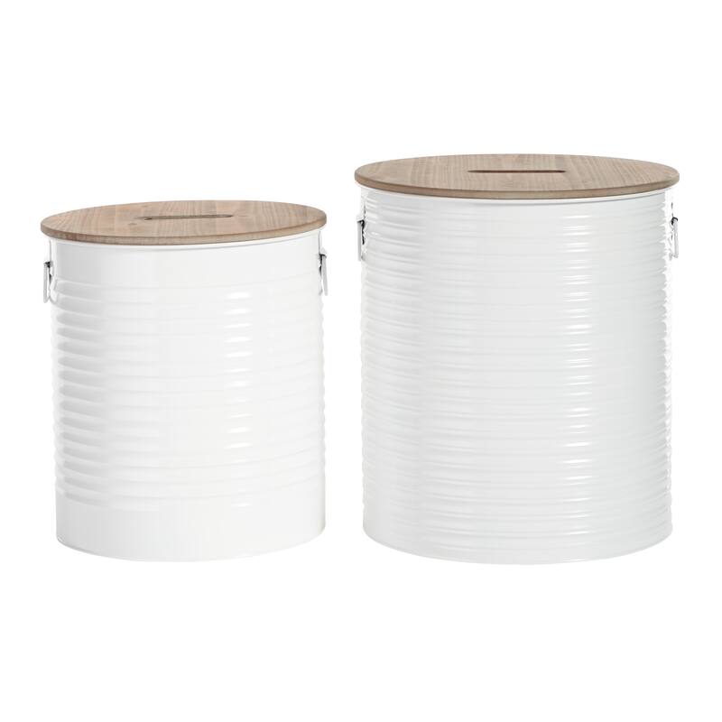 Metal Storage Stool with Brown Wood Top - Set of 2 White - Roche River Decor