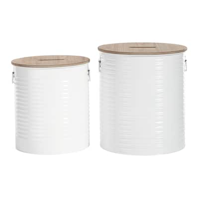 Metal Storage Stool with Brown Wood Top - Set of 2 White - Roche River Decor