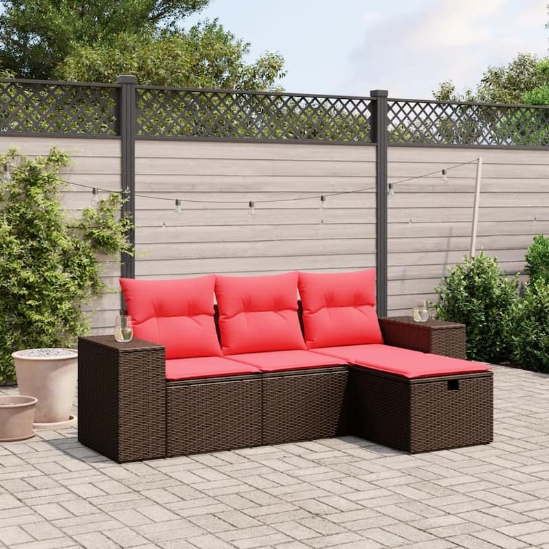 vidaXL Patio Sofa Set with Cushions Outdoor Furniture 4 Piece Poly Rattan - 21.7" x 24.4" x 27.2" - Brown