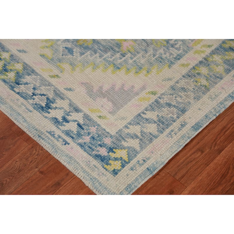 Hand Knotted Oriental 100% Wool Carpet Transitional Geometric Navy Blue & Blues Oushak Runner Rug - 13' 1'' X 3' 4''
