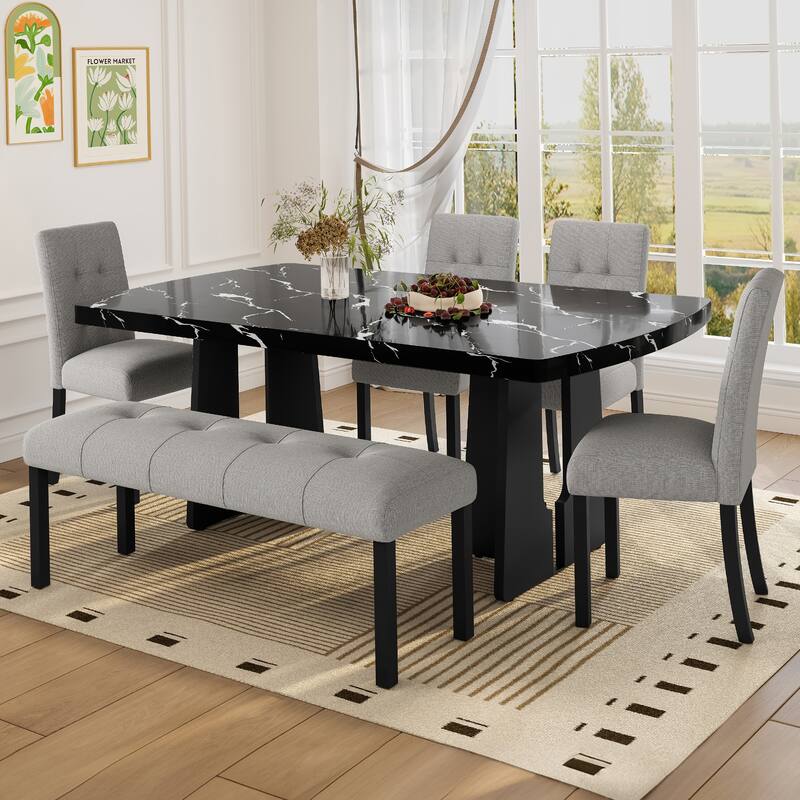 6 Piece Modern Dining Table Set, 63" Faux Marble Dining Table with Geometric Legs & 4 Upholstered Chairs & 1 Bench