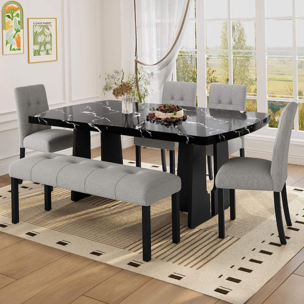 6 Piece Standard Height Dining Table Set with 63" Faux Marble Table and 4 Upholstered Chair, Bench for Kitchen